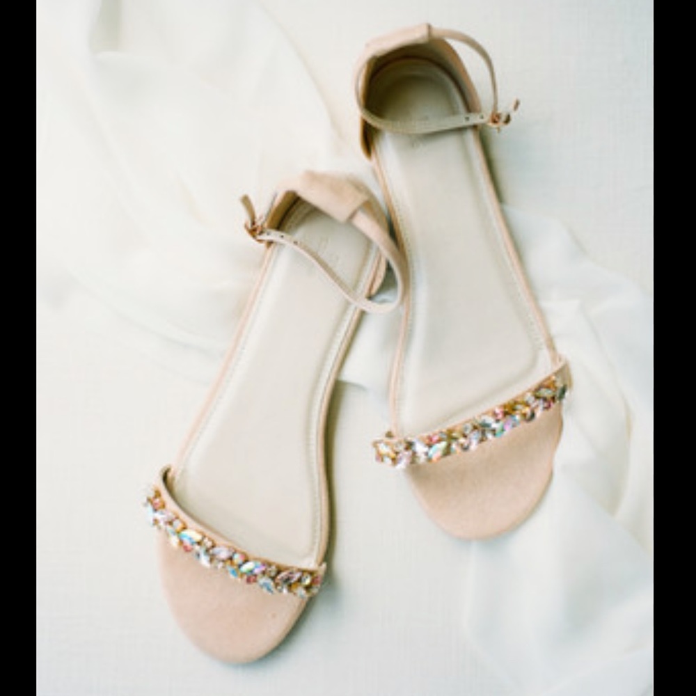 Crystal-Embellished Low Heel Ankle Strap Sandals. Size 11. Rose. David’s Bridal.
